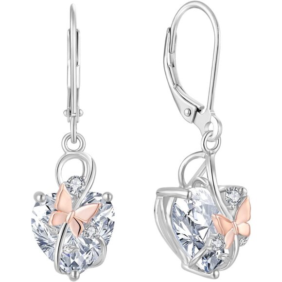 Elegant Sterling Silver Butterfly Drop Earrings with Heart-Shaped July Birthston